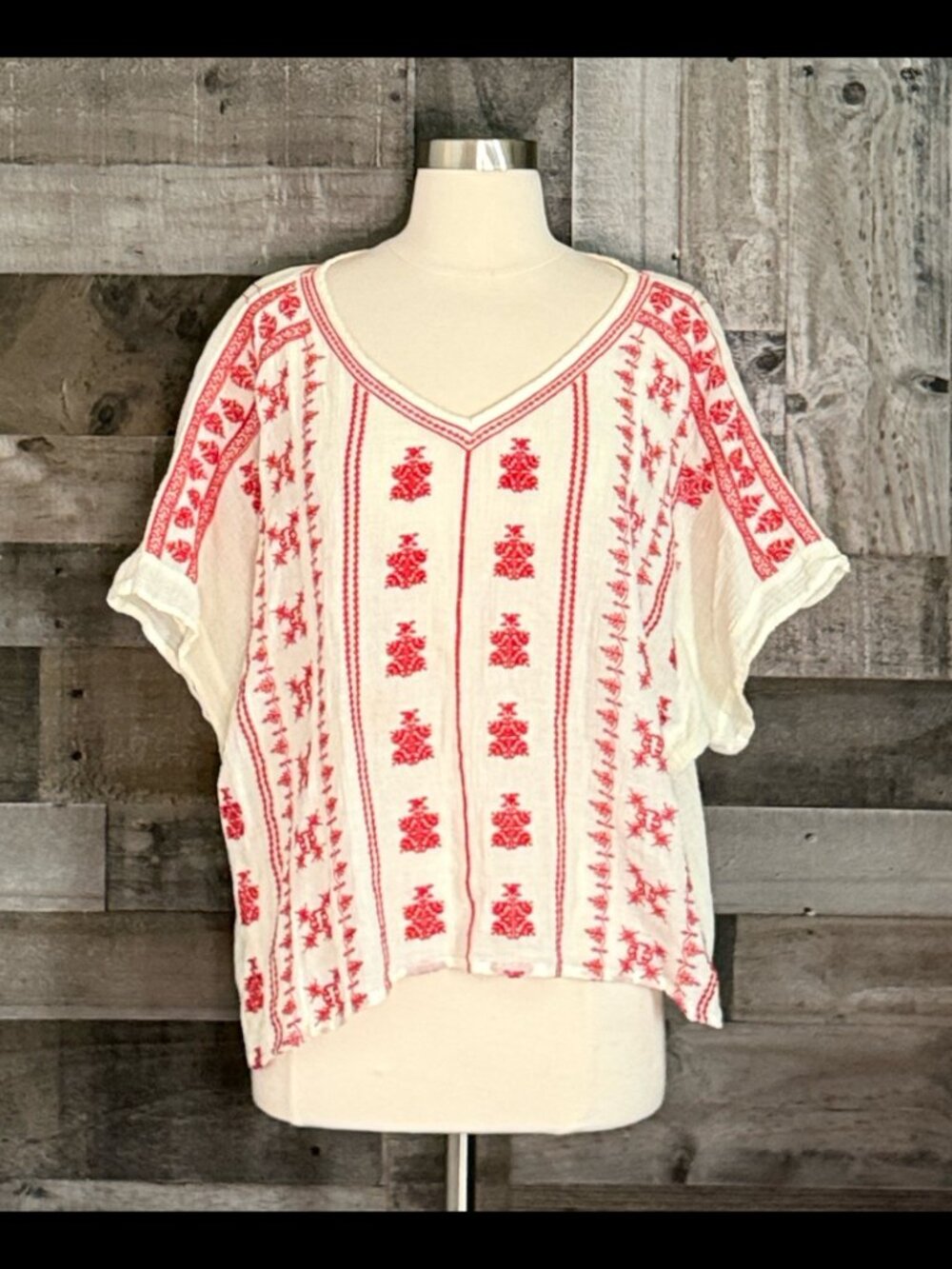 By Together cream red embroidered oversized top medium festival boho fiesta